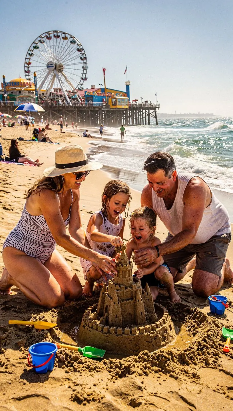 Дети играют на пляже, строя песчаные замки под ярким солнцем.