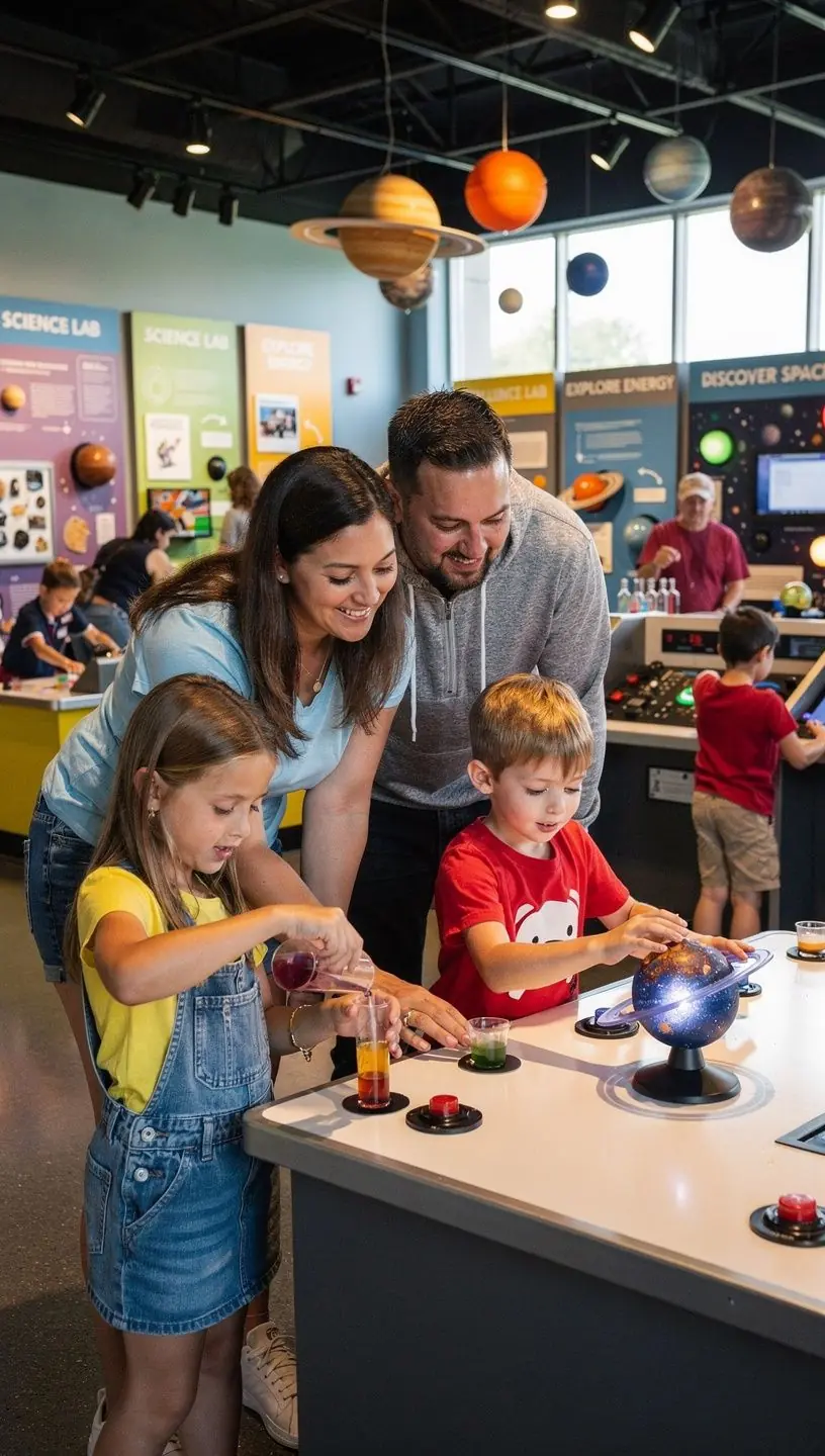 Дети, исследующие аттракционы в тематическом парке, полные восторга.