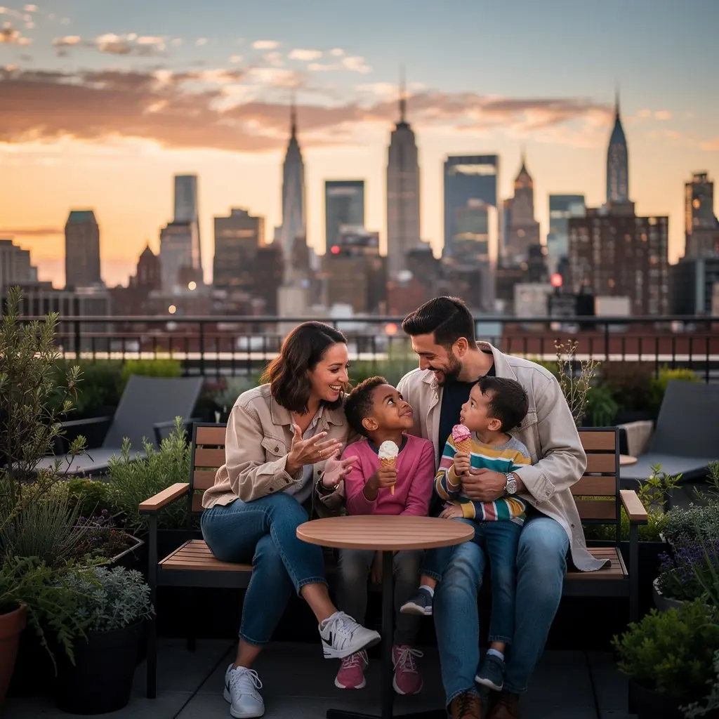 Семейная прогулка в парке с детьми, наслаждающимися природой и играми.